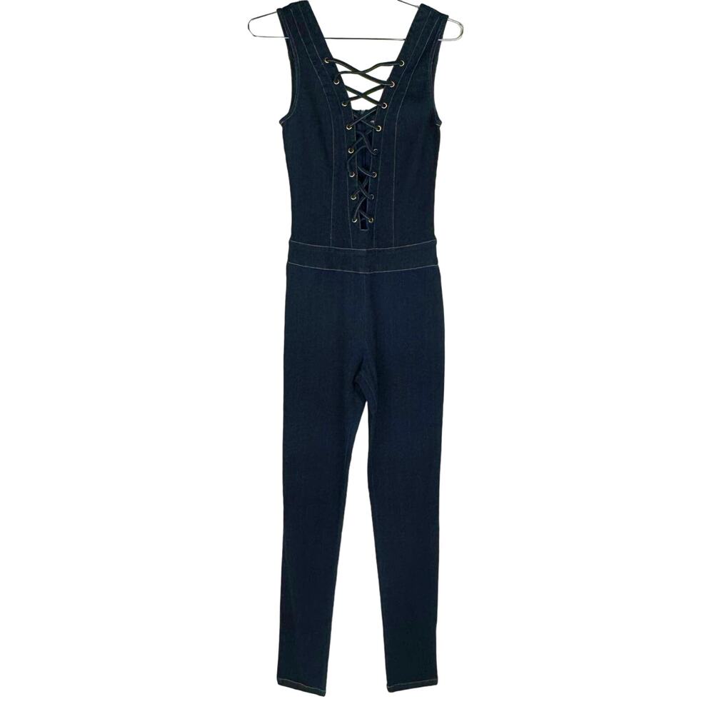 NWT Mebon Dark Wash Denim Lace Up Front Plung Neck Skinny Jumpsuit Women Small‎